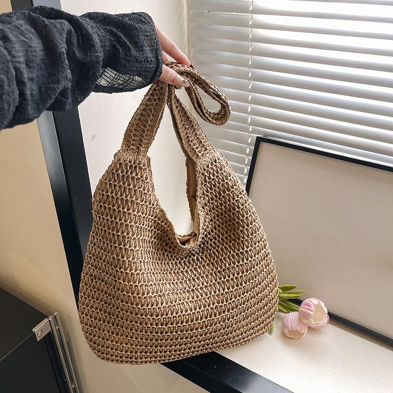 Solid Color Woven Tote Bag Hollow Out Breathable Shopping Straw Bag Lightweight Summer Beach Handbag For Women AVE