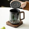 Glass Teacup 450ml with Tea Leakage Tea Cup Mat, Heat Resistant Glass Separate Tea Brewing Anti Scalding Wooden Handle