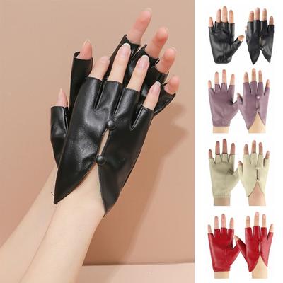 PU Leather Women Leather Gloves Button Hole Leather Gloves Half Finger Gloves  Mitten Accessories