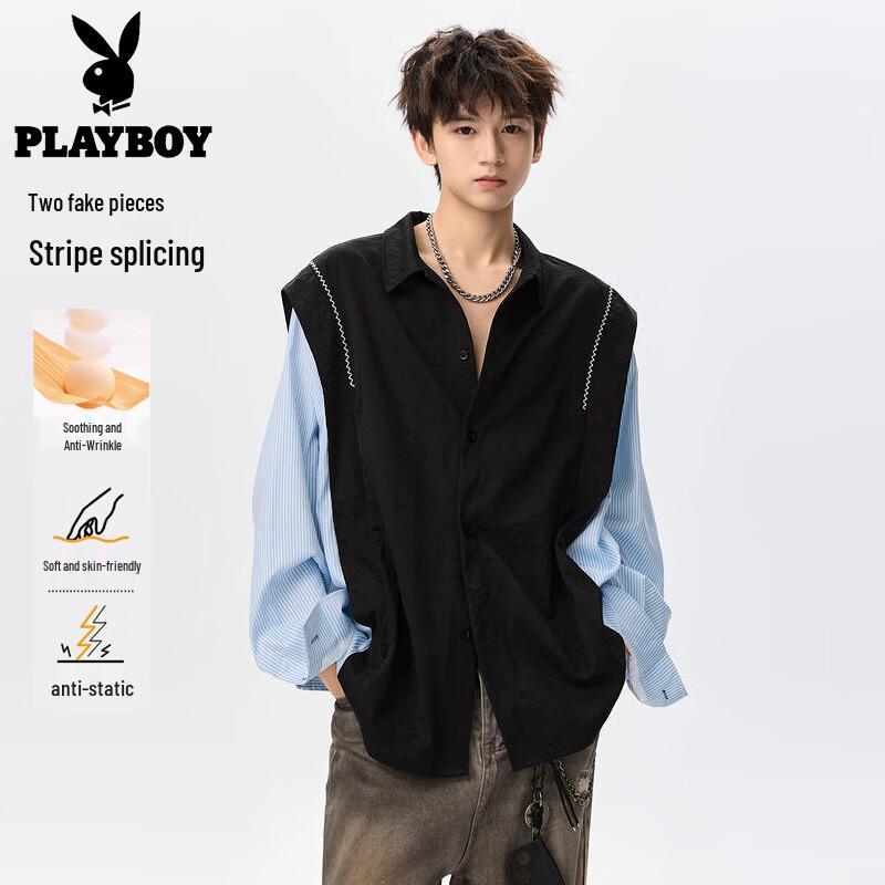 Playboy Men s Faux Two-Piece Patchwork Long Sleeve Shirt L