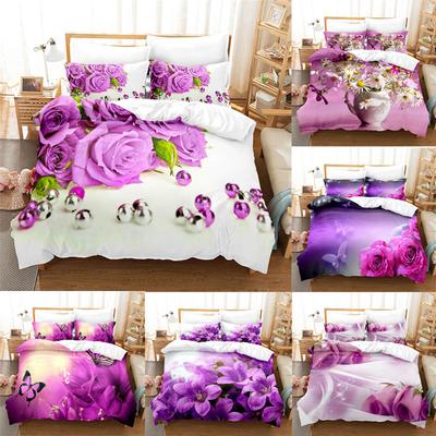 Juego de funda nórdica con estampado floral morado para cama doble de 200 x 200 cm, juego de ropa de cama con estampado floral fino (3 piezas, 2 piezas con funda de almohada, funda nórdica individual de 220 x 240 cm)