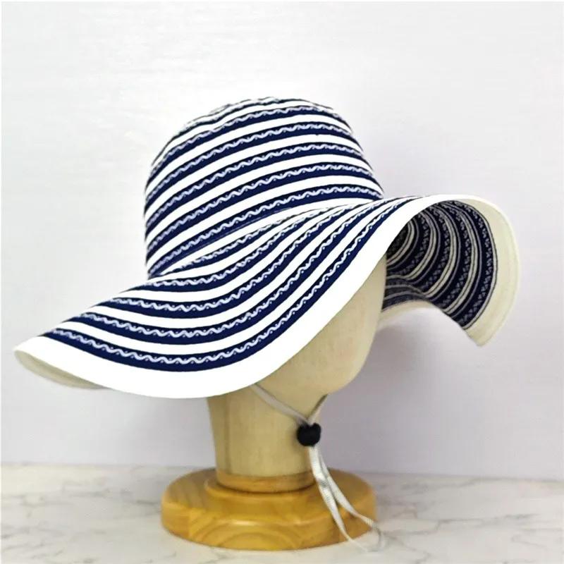 

WTEMPO Windproof Rope Striped Summer Beach Sunscreen Hats Women s Breathable Sun Bucket Hats Wide Brim Foldable Large Hats 1pc темно-синий