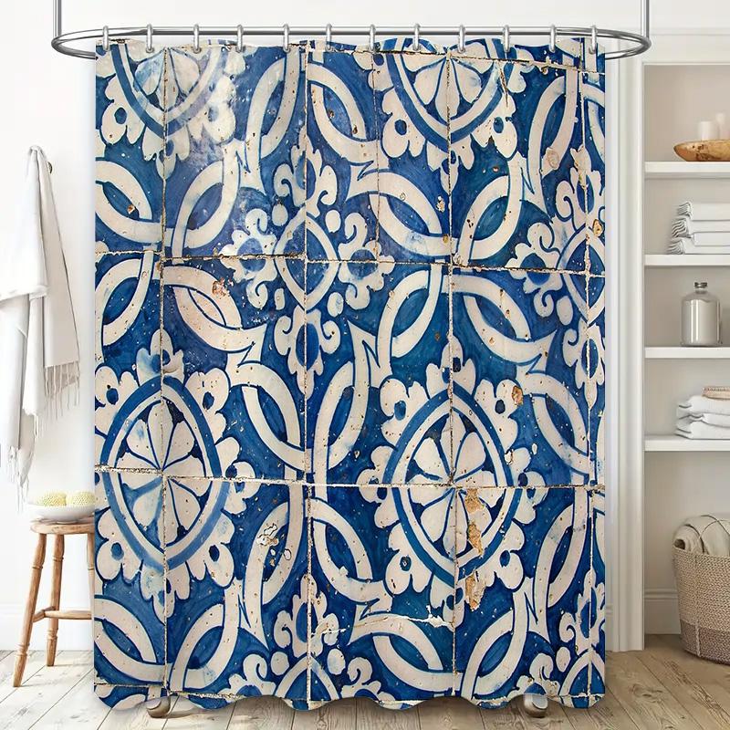 Blue Mediterranean Shower Curtain Coastal Ocean Wave Pattern Bathroom Decor Waterproof Fabric Liner
