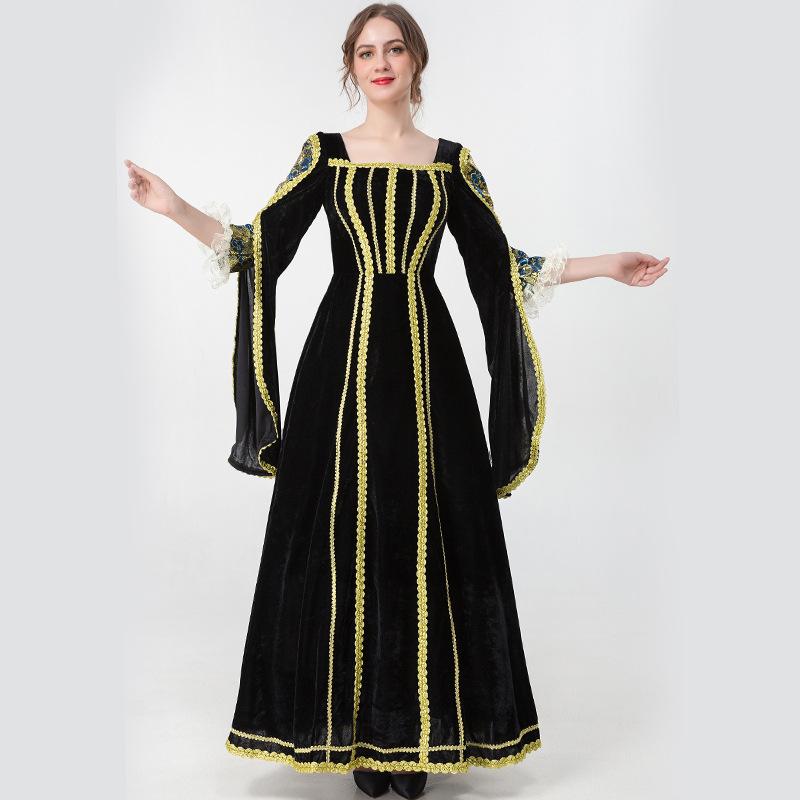 Retro Renaissance medieval queen dress, Victorian Gothic court ball dress, women's black long sleeved Halloween costume