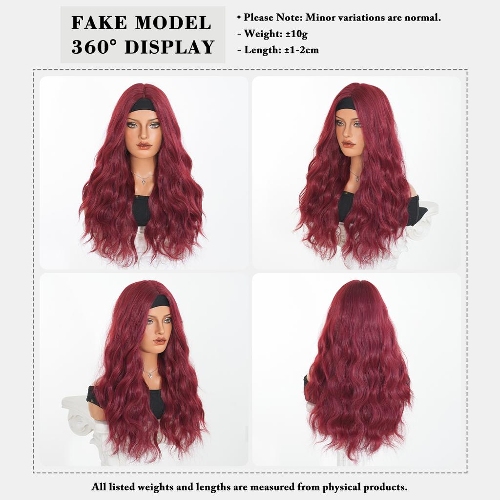 26 Inch Bright Red Long Wavy Headband Synthetic Hair Wigs Heat Resistant Fiber Natural Matt Wigs Peluca