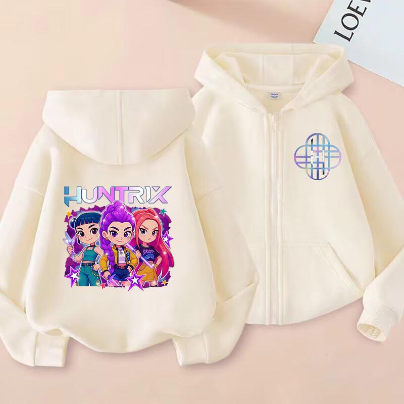 K-Pop Demon Hunters Zip Jacket Rumi Mira Zoey Cartoon Printed Children Clothing Casual Outerwear Hooded Coat Girls Clothes Gift
