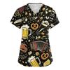 Women's V Neck Short Sleeve Work Top with Pockets Oktoberfest Print Medical Uniform Nurse Scrub Shirt for Healthcare Professionals