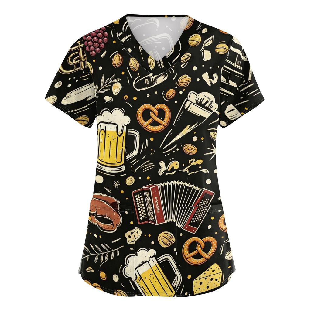Women's V Neck Short Sleeve Work Top with Pockets Oktoberfest Print Medical Uniform Nurse Scrub Shirt for Healthcare Professionals