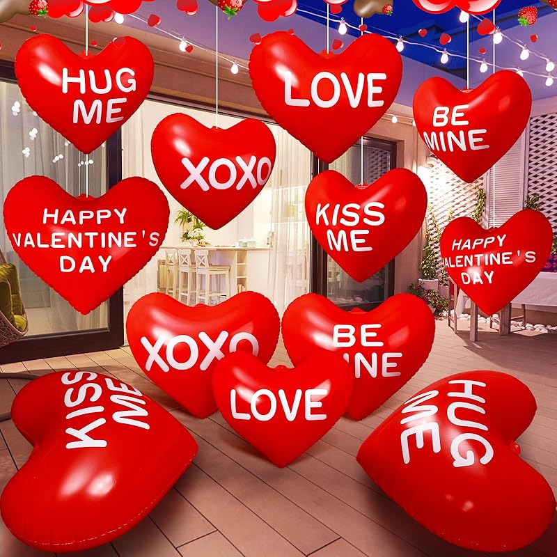 Jetec 12 Pcs Giant Valentine's Day Inflatable Heart Blow up Outdoor Decorations Include 6 Pcs 24'' and 6 Pcs 16'' PVC Valentines Outdoor Heart