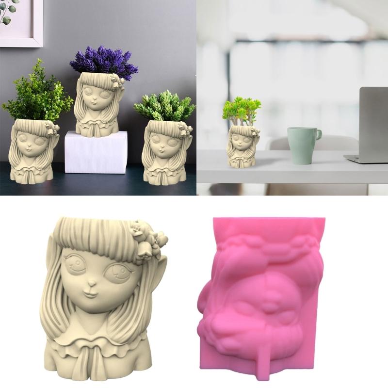 Geometric Little Girl Gypsum Silicone Molds Storage Box Mold for Making Succulent Plant Pot Flower Pot Pen Holder