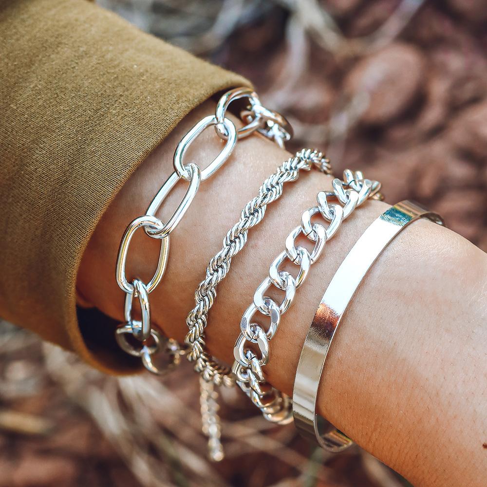 4Pcs Chunky Gold Stackable Bracelet Set Paperclip Curb Twisted Chain Smooth Bangle Minimal Layering Wrist Jewelry for Women