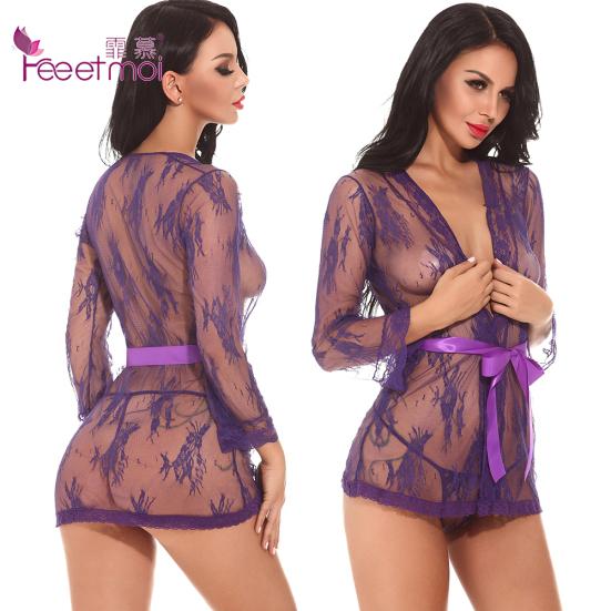 

Кружева Нижнее белье Сексуальное Горячее Эротическое платье с длинным рукавом Babydoll Пижама See Through Lace Blouse Belt G-String Sleepwear Set