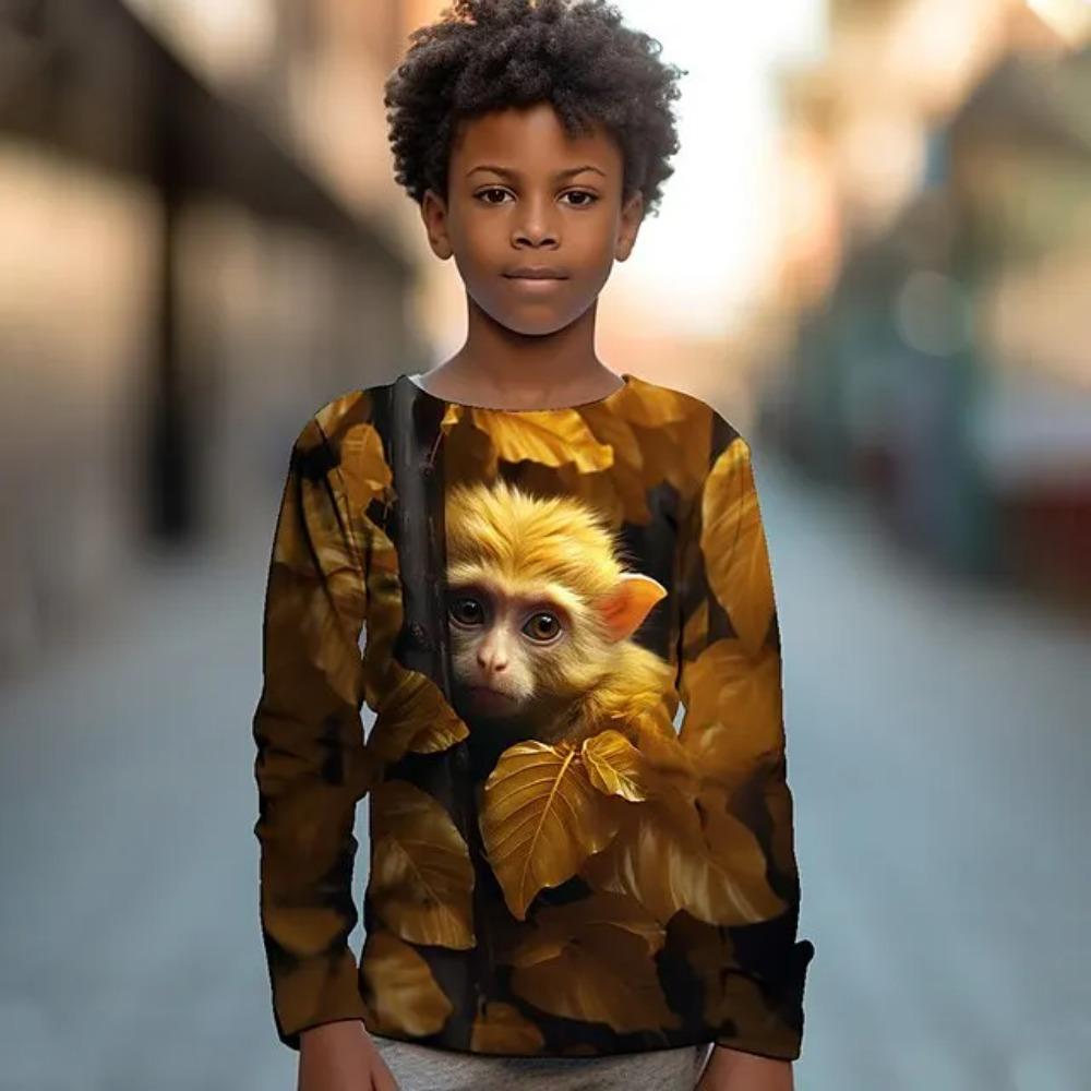Children's Cute Animal Series 3D Digital Printed Boy Hip Hop Personality Round Neck Long Sleeved T-shirt