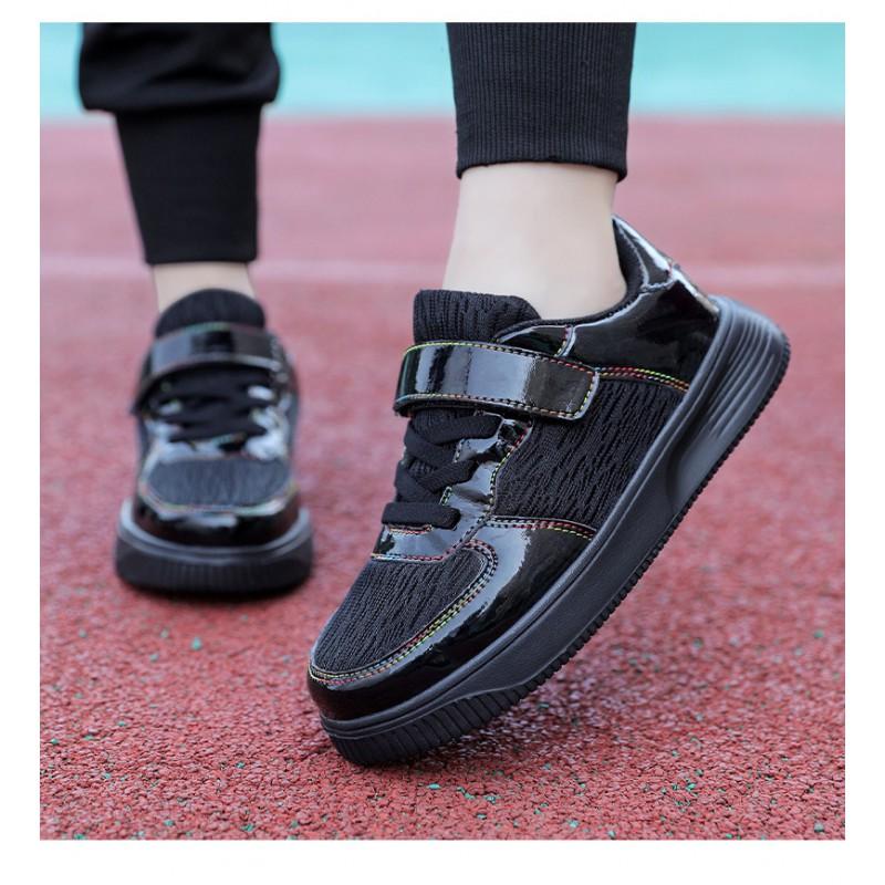 Kids Black Casual Sneakers Boys Girls Lightweight Non-Slip Comfortable Outdoor Shoes With Closure
