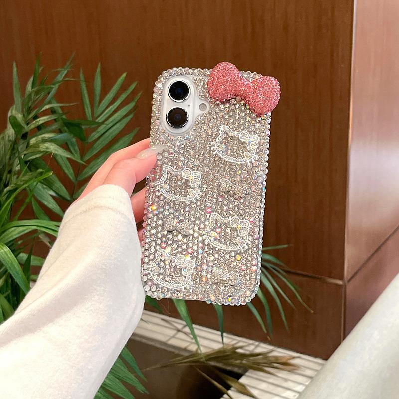 Super Fairy Flash Diamond Three-dimensional Cat Bow for iPhone16promax Apple 15 Mobile Phone Case Girl