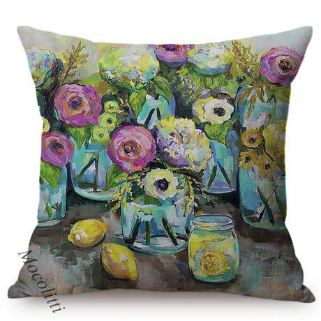 Vintage Florals Oil Painting Throw Pillow Case Nordic Glass Vase Art Sofa Decoration Cushion Cover Cotton Linen Pillowcase