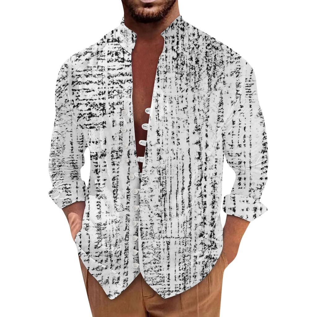 Men'S Retro Casual Loose Fitting Long Sleeved Printed Shirt Fashion Standing Collar Top