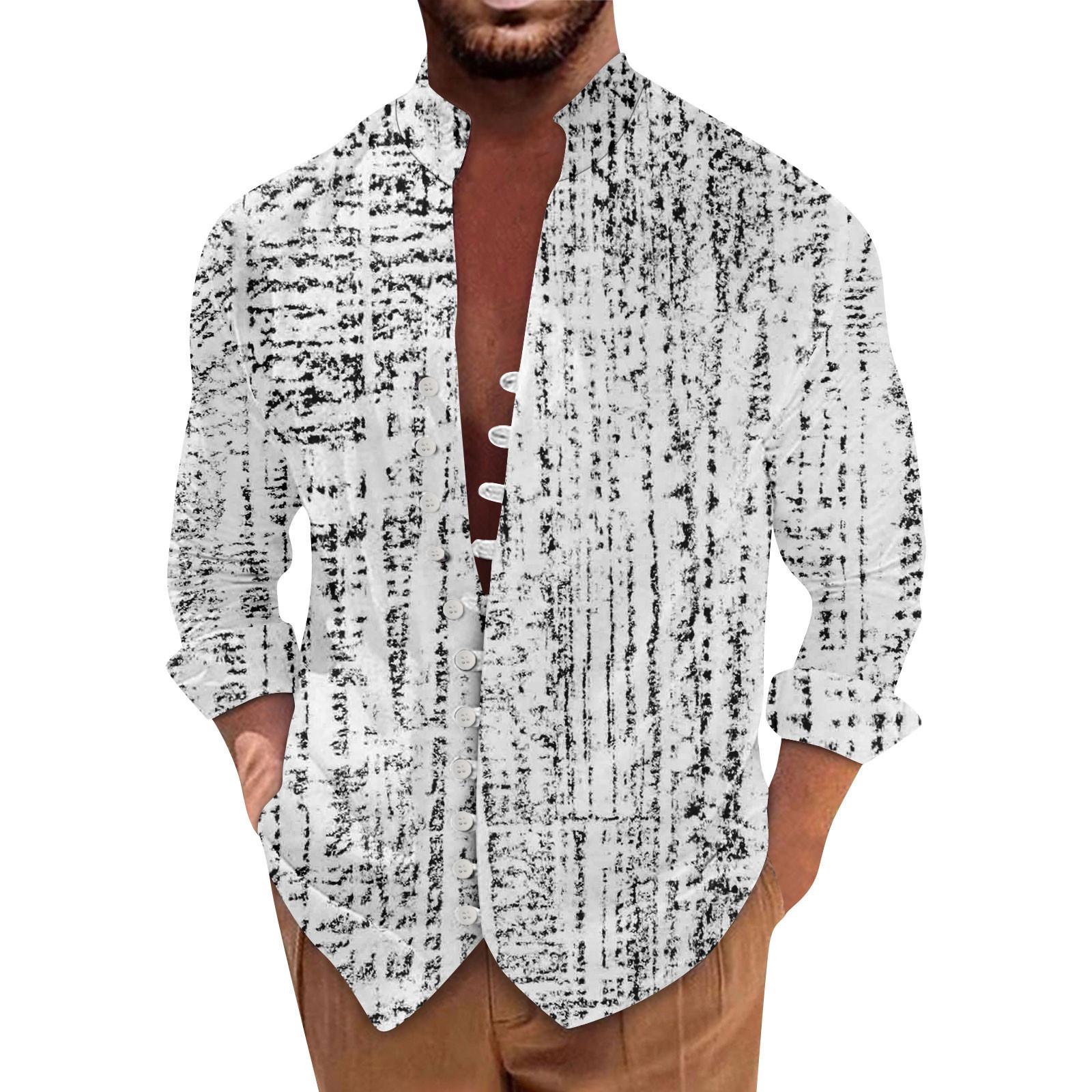 

Мужская ретро повседневная свободная рубашка с длинными рукавами и принтом, модный топ с воротником-стойкой M