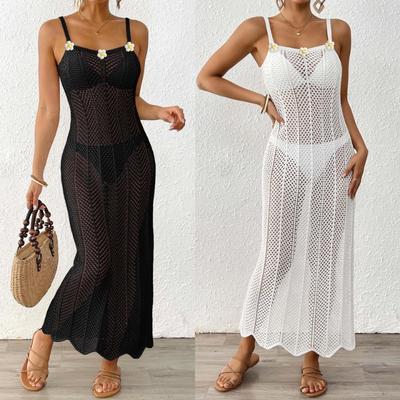 Hand-crocheted Floral Splicing Beach Women's Woven Hollow Sexy Slim Dress Holiday Strap Dress
