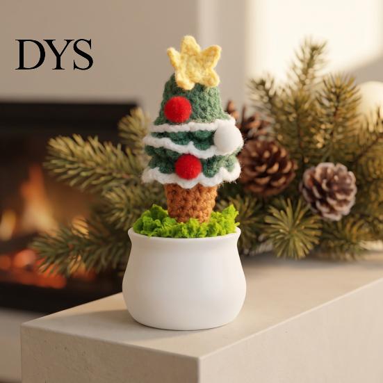 Handcrafted Holiday Desktop Ornaments Hand Crochet Potted Christmas Tree, Creative Knitted Plant Mini Handmade Wool Decorations Cute Home Decorations,