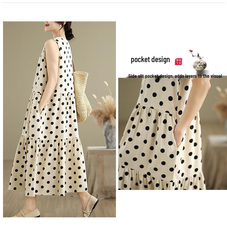 Women's Plus Size Polka Dot Sleeveless Cotton-Linen Dress - French Style