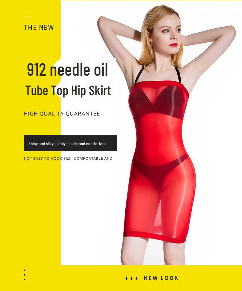 Qinghe 912 8D Sheer Oily Stockings with Tube Top Dress, Tight Mini Skirt Cheongsam, and Ultra-thin Transparent Design