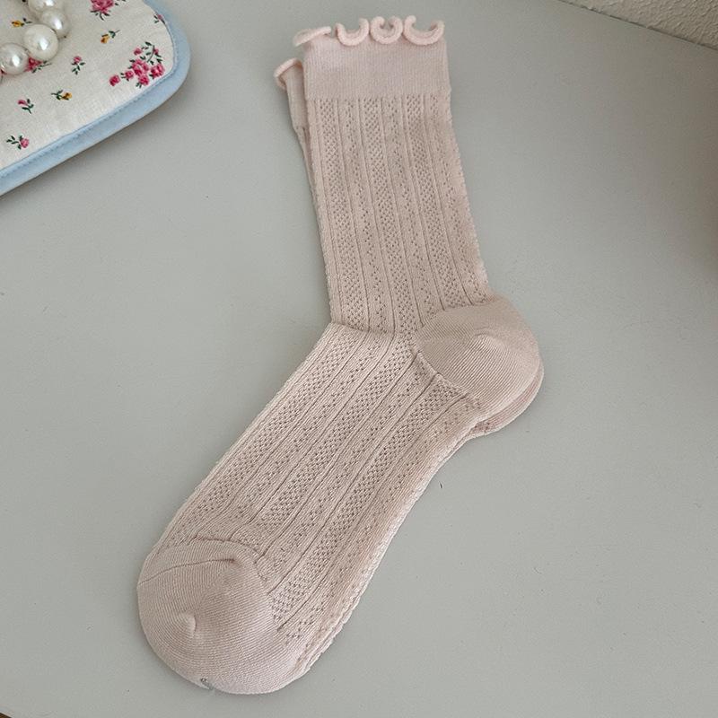 Women's White Mid-Calf Cotton Mesh Slouch Socks with Wood Ear Edge – Breathable, Thin, Summer Style