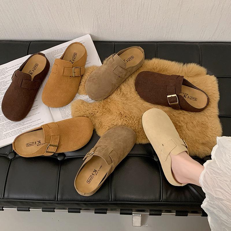 Leather retro bag head half slippers women's autumn new flat-bottomed one-pedal soft-soled Boken shoes