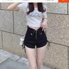 Women's Large Black Wide-Leg Drawstring Zipper A-Line High Waist Casual Shorts - Spring/Summer 2025