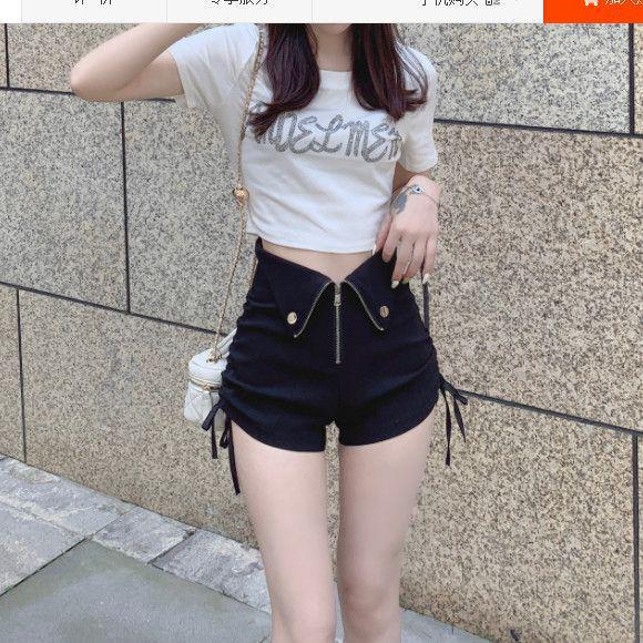 Women's Large Black Wide-Leg Drawstring Zipper A-Line High Waist Casual Shorts - Spring/Summer 2025