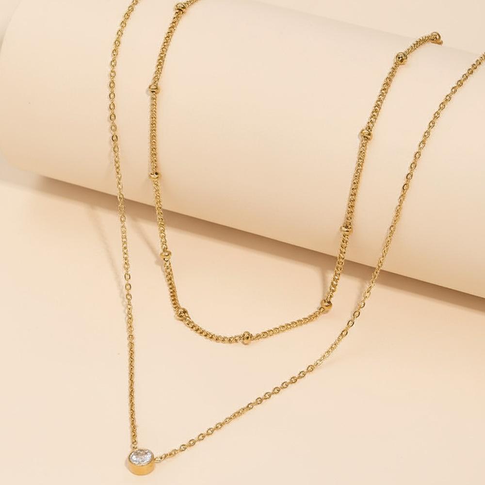 Stainless Steel Waterproof Double Layer Single Zircon Pendant Necklace for Women Fashion Stacking Beaded Clavicle Chain Jewelry