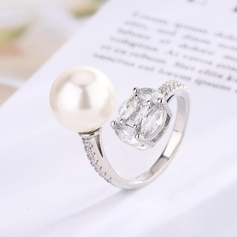 Jewelry Copper Platinum Plated Pearl Simple Wind Ring Female 12Mm