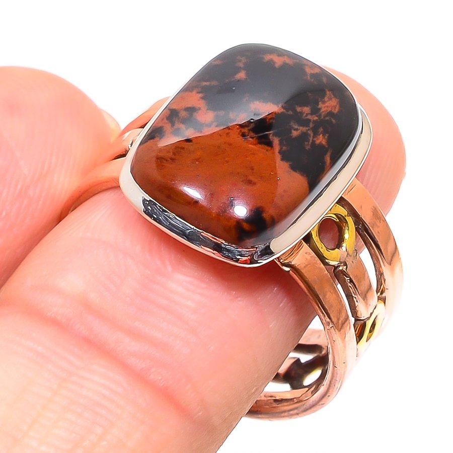 Natural Mahogany Obsidian Two Tone 925 Sterling Silver Jewelry Ring S.10.5 s0K38