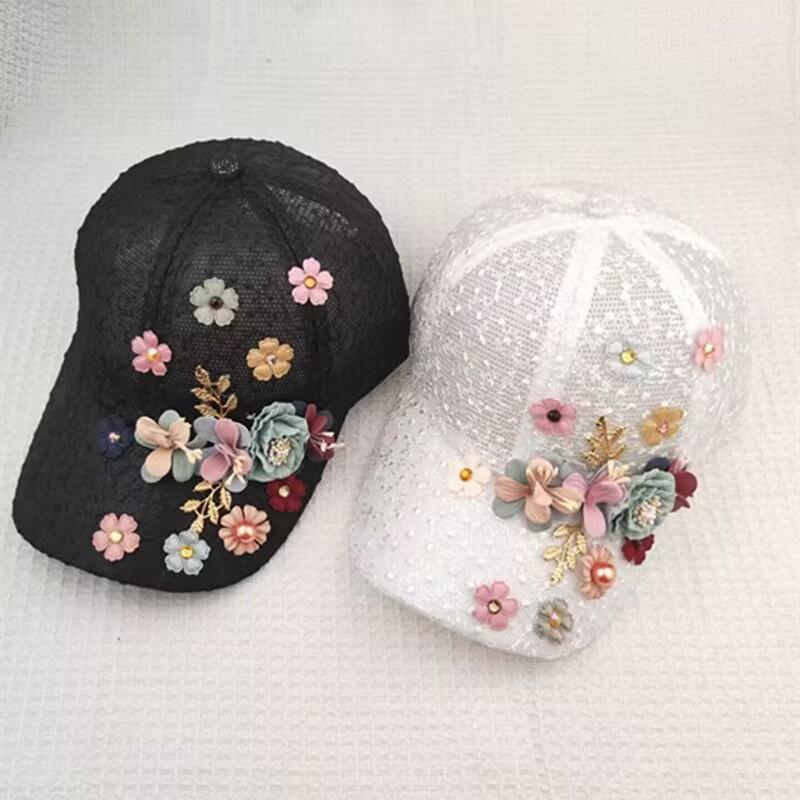 Elegant Floral Embroidered Mesh Cap for Women - Lightweight Breathable Adjustable Baseball Hat with Faux Pearl