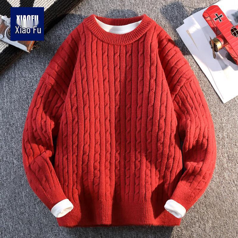 

Men s Faux Two-Piece Cable Knit Round Neck Sweater L