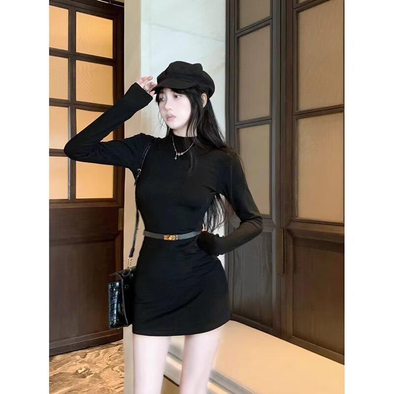 

Chic Black Semi-High Neck Long-Sleeve Belted Mini Dress - Autumn Slim Fit Medium