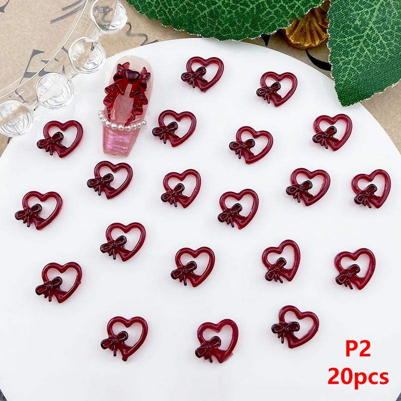 20Pcs Wine Red Resin Bow Nail Charm Bulk Mix Size 3D Ribbon Bowkont Mini Kawaii Nail Art Accessories Diy Cute Nails Decorations