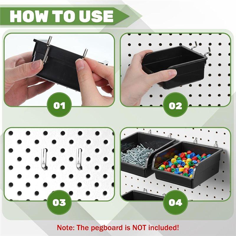 A74E-10 Black Pegboard Bins Plastic Storage Tools Organizer With Metal Hooks For Garage Workshop Craft Room Hardware Tools