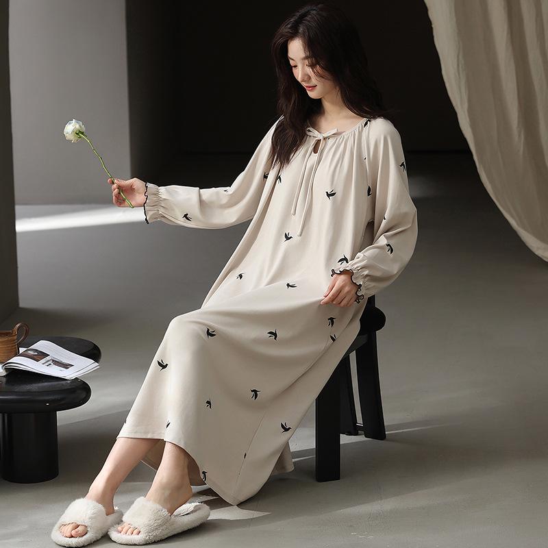 Caini Damska bawełniana koszula nocna z długim rękawem i wkładką na biust - Bardzo długa, luźny krój na wiosnę i jesień