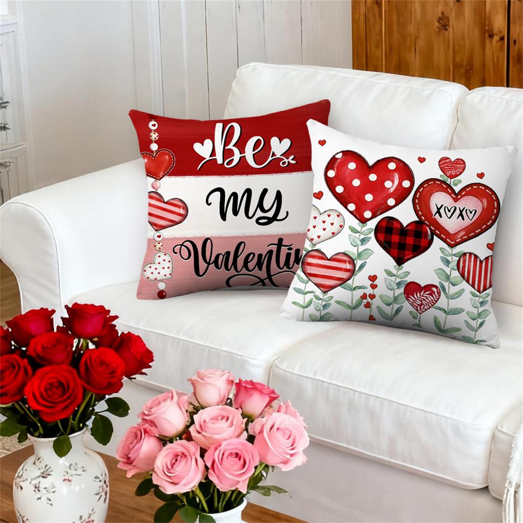 4pcs Valentine's Day Throw Pillow Covers Be My Valentine Stripe Heart with Leaf Designs, Zip Closure, Anniversary, Wedding, Party Cushion Case