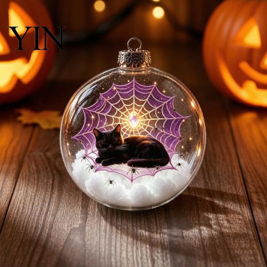 Halloween Hanging Ornaments Ball Ornament, Clear Sphere Decoration with Black Cat Bat Holiday Scene Window Pendants Skeleton, Festive Bauble for Home