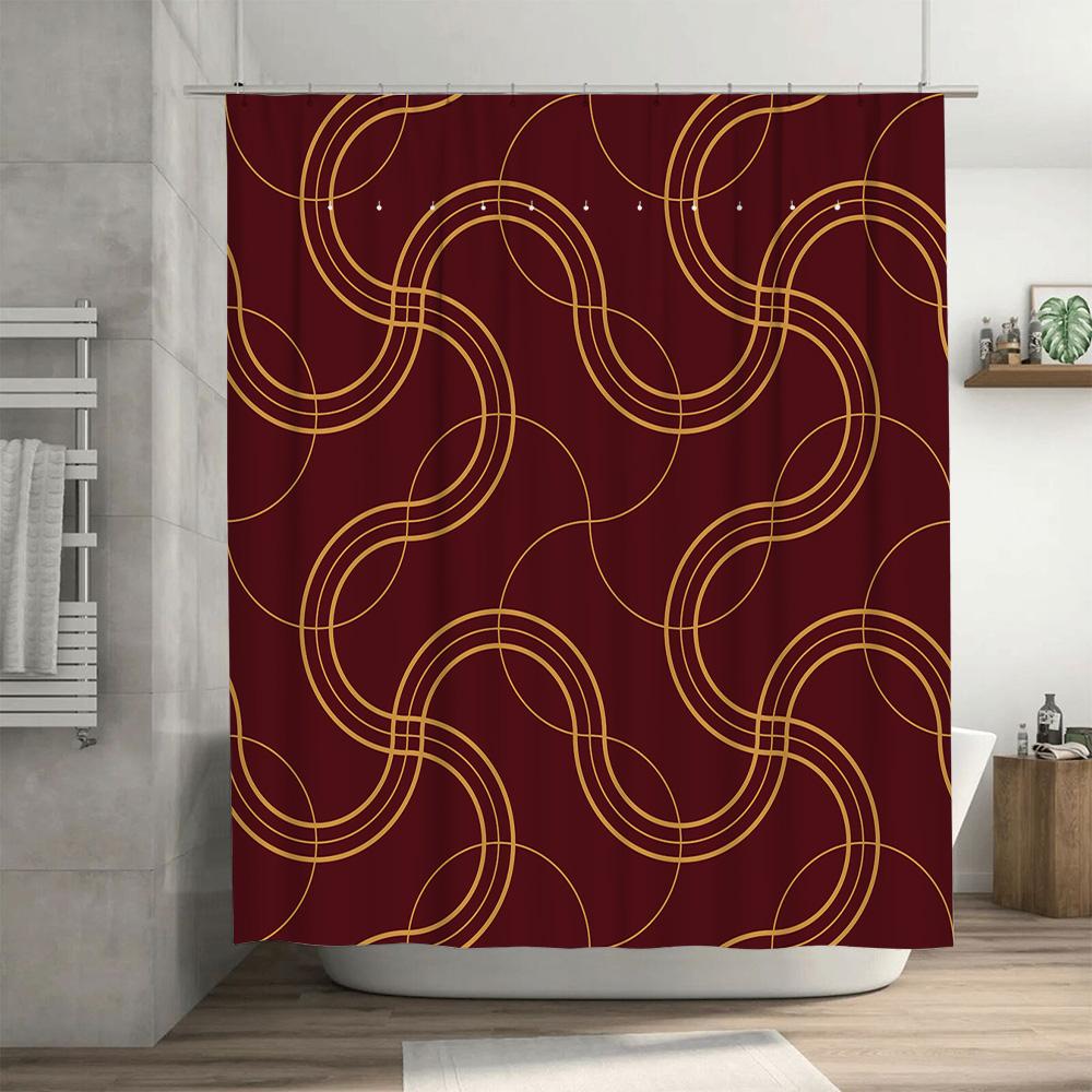 Modern Bathroom Decor Shower Curtain With Gold Lines Design For Bathtub Red Color Home Decoration Waterproof Fabric Shower Panel