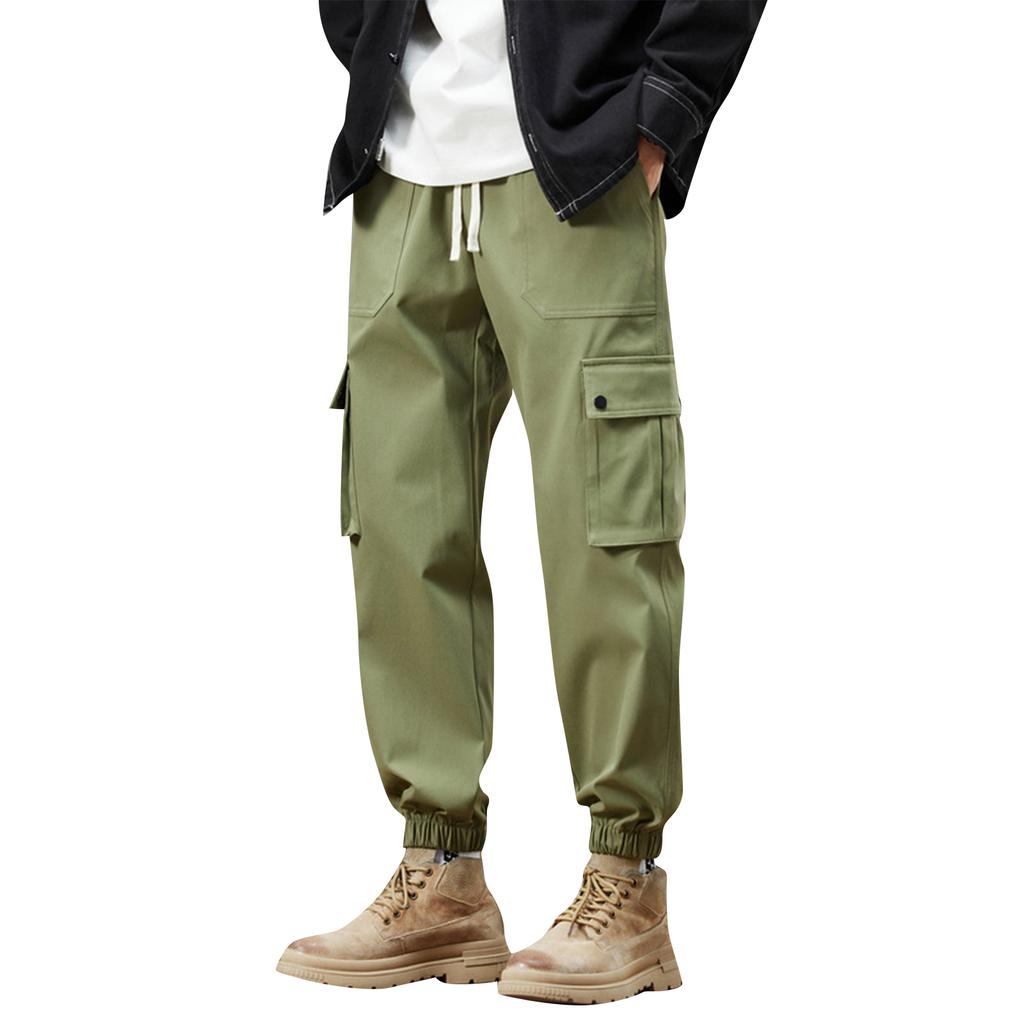 Men's Solid Color Overalls Loose Fitting Drawstring Pants Trendy Multi Pocket Casual Pants