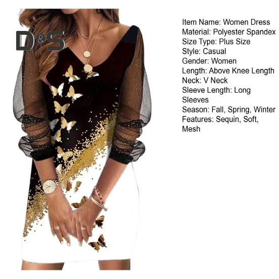 Fall Spring Women Dress Shiny Sequin See Through Mesh Patchwork A Line Crew Neck Plus Size Loose Long Sleeve Letter Print Above Knee Length Mini Dress