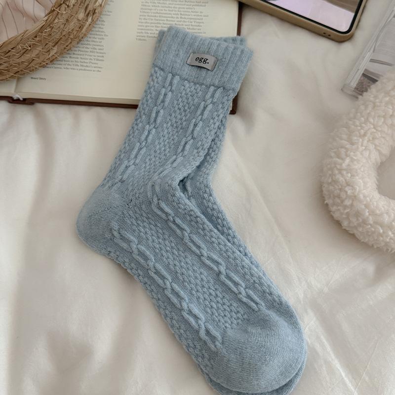 Cloth Label Wool Socks, Women's Mid-calf Socks, Autumn and Winter Linen Pattern Boneless Pile Socks, Women's Warmth