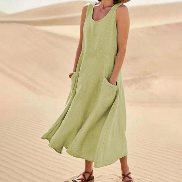 Summer Sleeveless Pocket Dress Cotton Linen Blend European American Style 19 Colors
