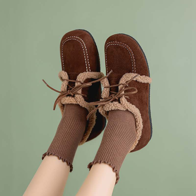 Krazing Pot Suede Fur Spring Autumn Winter Flats Lace Up Women Keep Warm Casual Shoes