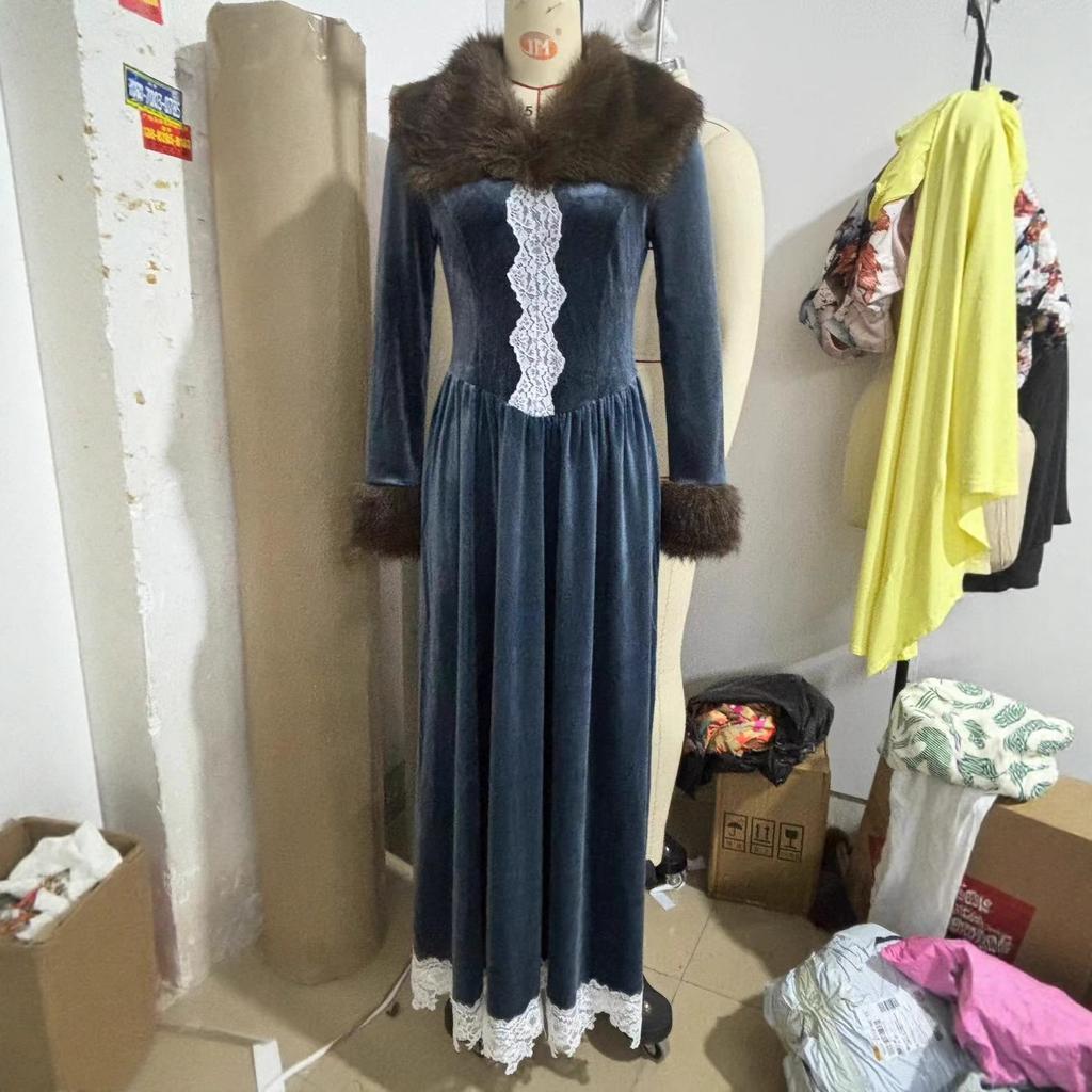 Women's Stand Collar Long Sleeve Velvet Maxi Dress A Line High Waist Vintage Lace Trim Evening Dress