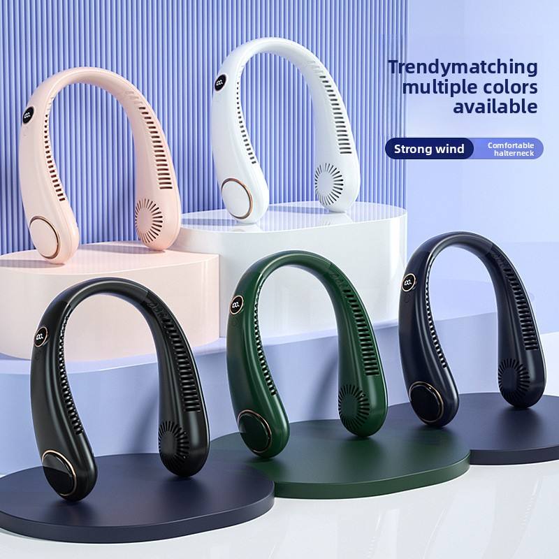 Outdoors Portable Mini Hanging Neck Fan Bladeless Neckband Fan Digital Display Power Air Cooler USB Rechargeable Electric Fans