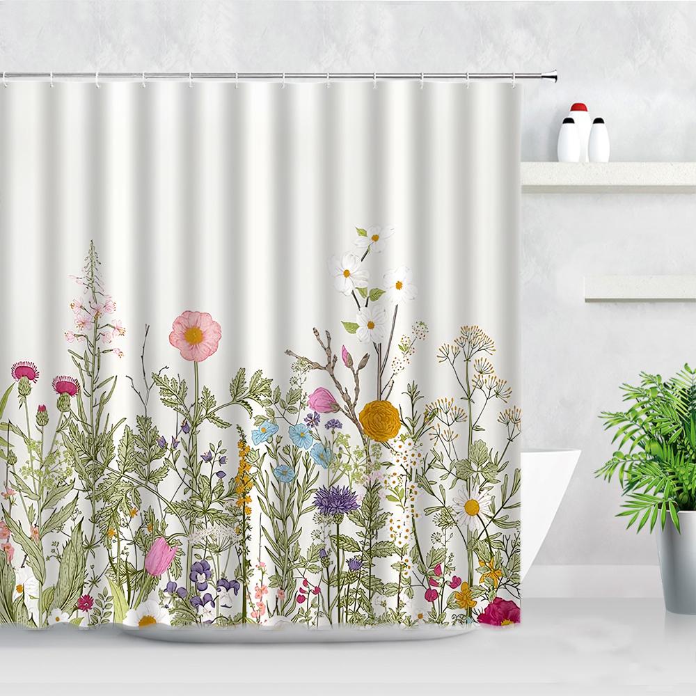 Natural Floral Shower Curtains Flowers Green Leaf Butterfly Water Color Art Nordic Modern Waterproof Bathroom Decor Curtain